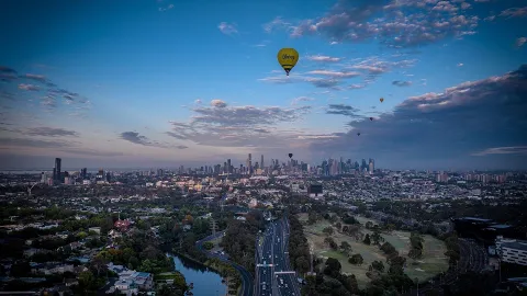 Sunrise balloon view over the city